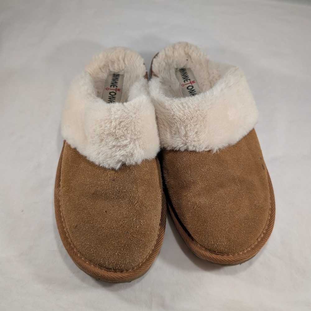 Minnetonka Womens 10 Tan Leather Faux Fur Lined Scuff Slippers 40811